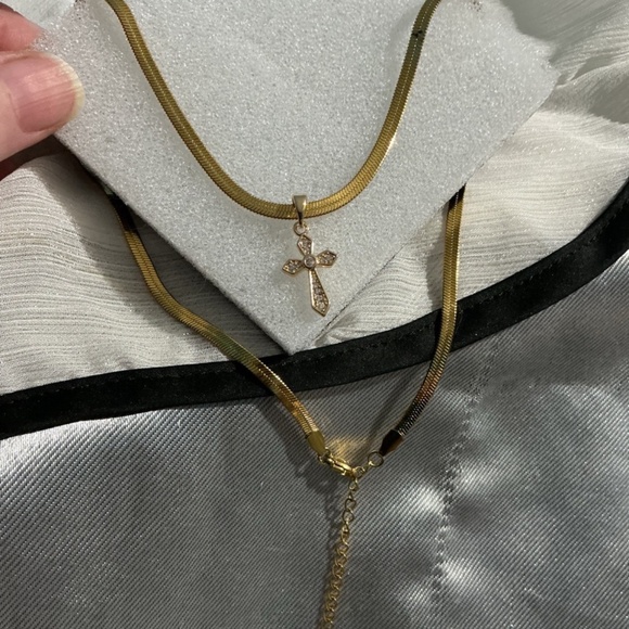 Gorgeous Hypoallergenic Gold Cross Herringbone Necklace - Picture 12 of 15